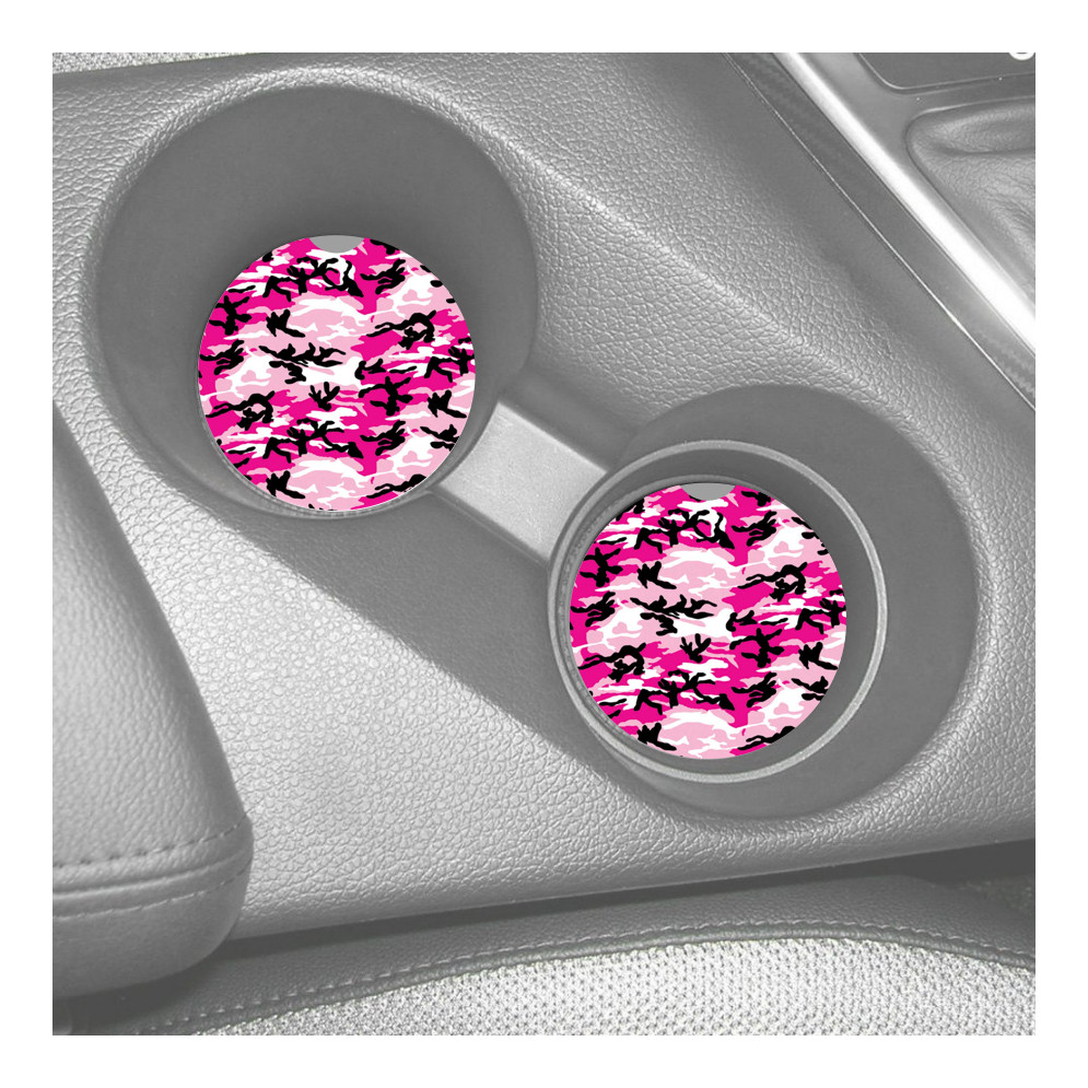 PINK CAMO CAMOUFLAGE CUSTOM RUBBER CAR COASTER SET 2 FOR CUP HOLDER gallery