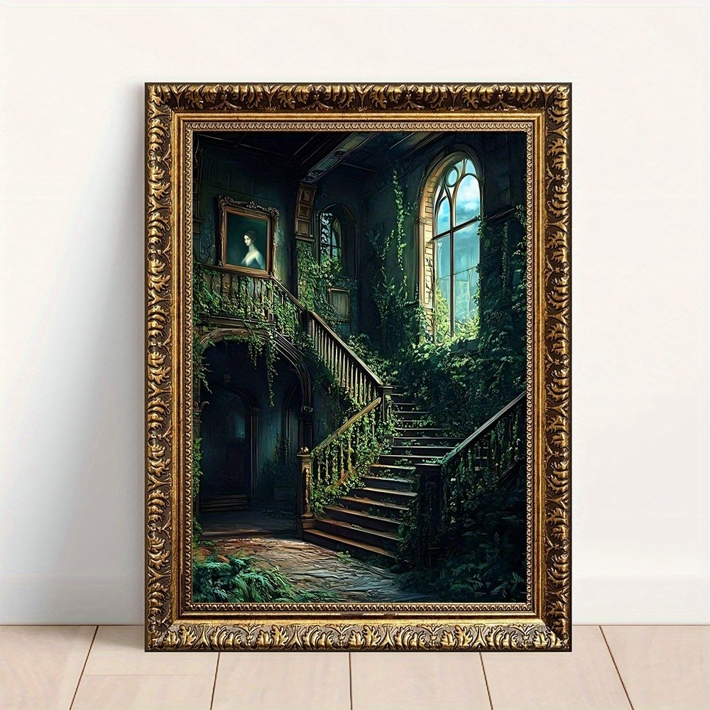 Overgrown Gothic Staircase Fantasy Canvas Wall Art, Dark Academia Decor gallery