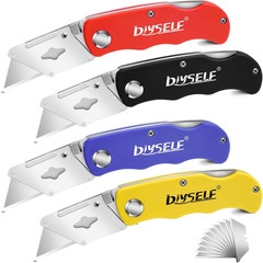 4 Pack Folding Utility Knife Set Box Cutter w 10 SK5 Blades Pocket Clip