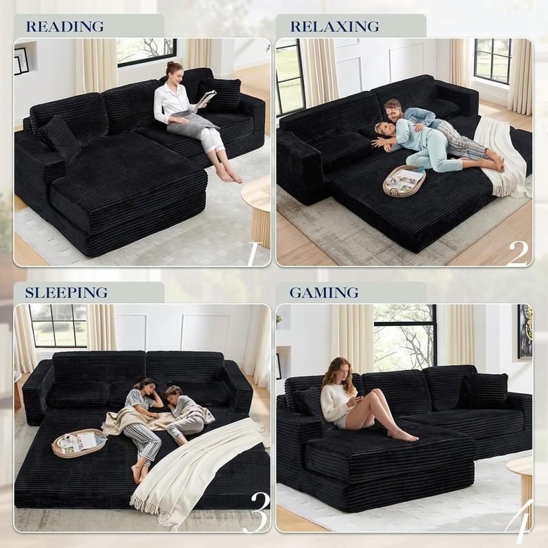 112.6" L Shape Convertible Sectional Sofa Corduroy Boneless with Left Chaise gallery