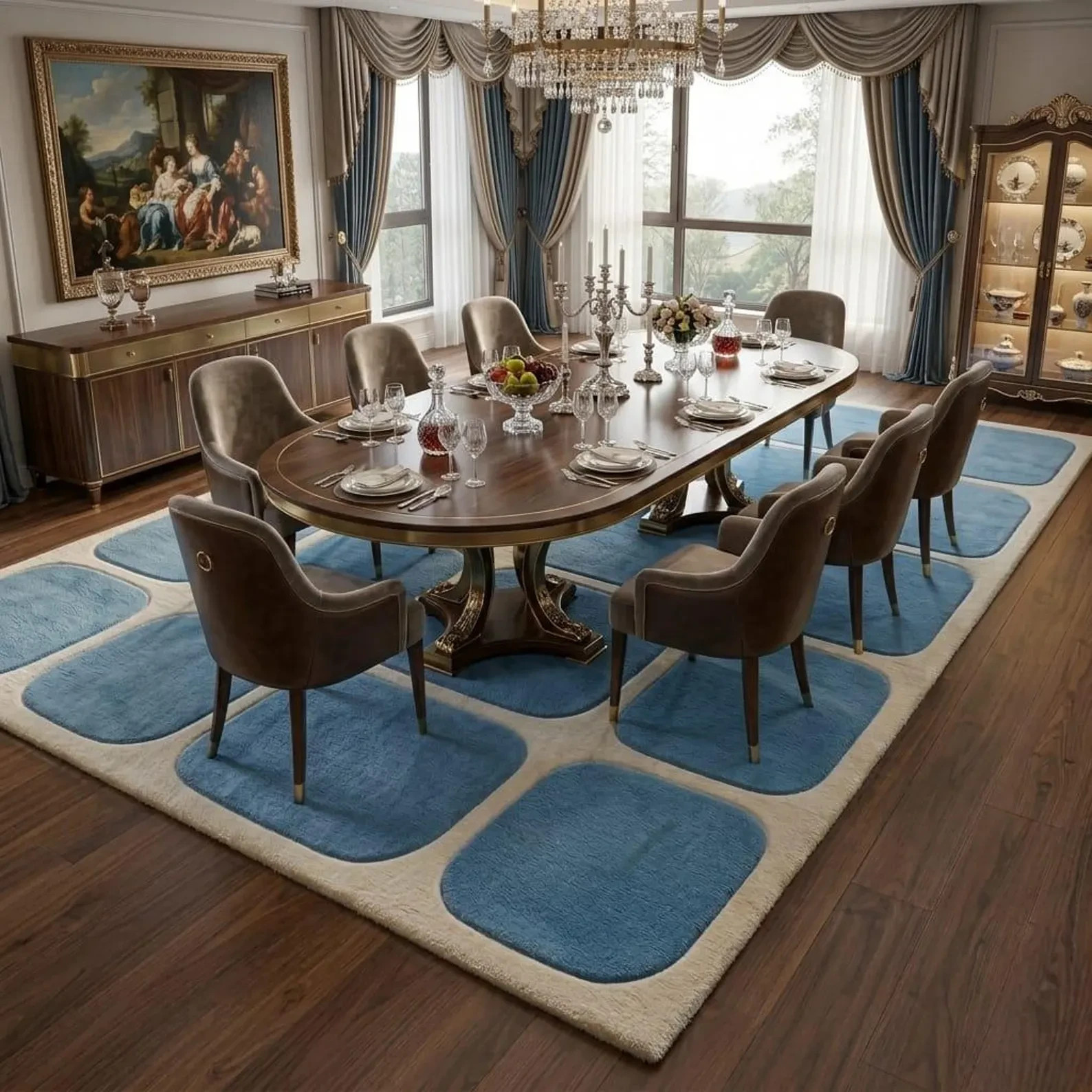 Hand Tufted Wool Area Rug Blue Geometric Design Custom Size Modern Home Decor6x9 gallery