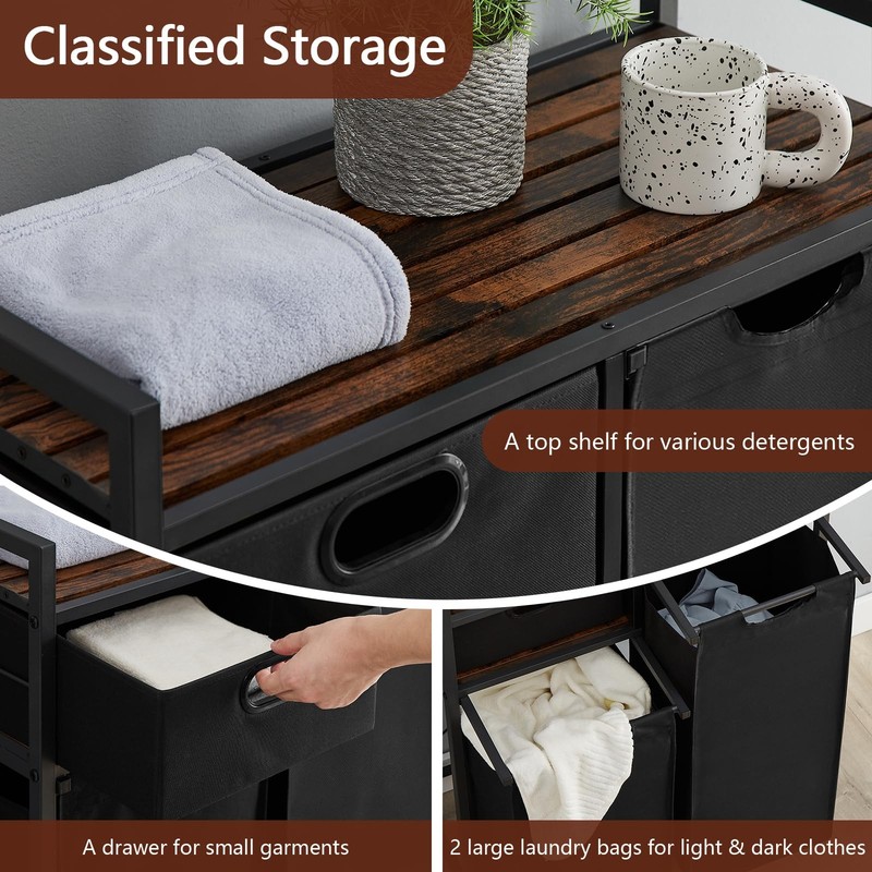 Large Rustic Brown & Black Laundry Basket with Wheels, 3 Compartments, 60L Ca... gallery