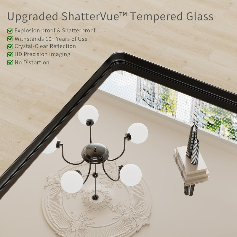 Matte Black 30x48 Inch Rounded Rectangle Wall Mirror for Bathroom & Living Room gallery