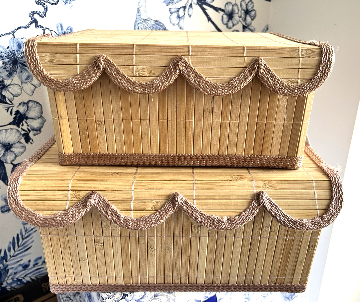 Set 2 Bamboo Storage Boxes Scalloped Edge Organizing Lined Lg 12x10x6 Sm 11x8x5 gallery