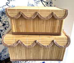 Set 2 Bamboo Storage Boxes Scalloped Edge Organizing Lined Lg 12x10x6 Sm 11x8x5