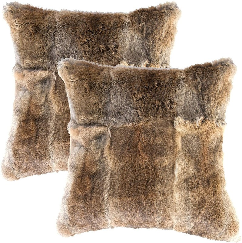 2PCS Natural Rabbitd Hide Fur Pillowcase Cushion Cover Throw Striped Grey Brown gallery