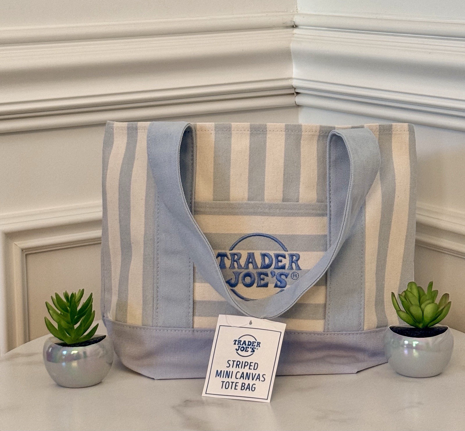 💗 Trader Joe’s Mini Pastel Stripe Canvas Tote Bag Pink & Blue NEW & Ship today gallery