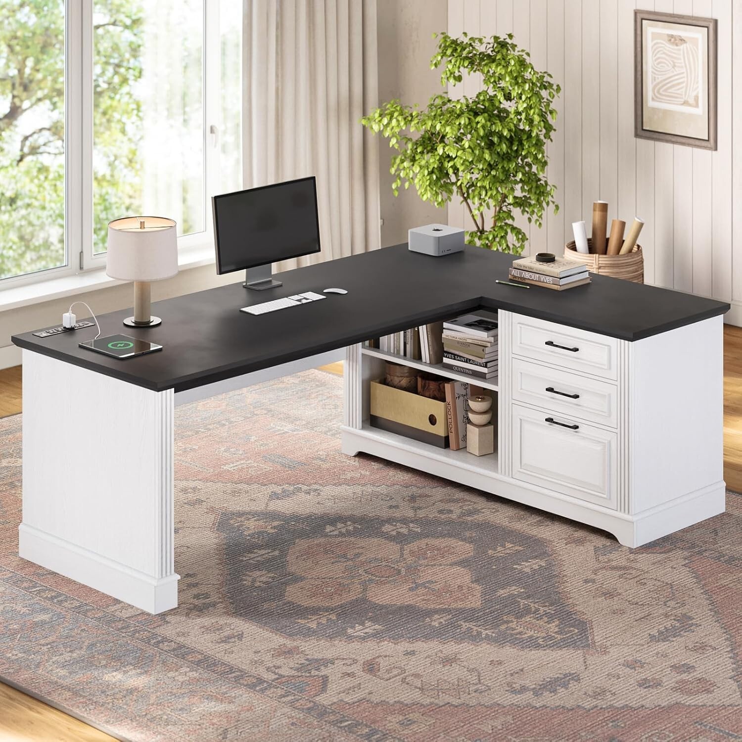 Farmhouse 61" Executive Computer Desk, L Shaped Office Desk with Storage Shelves gallery