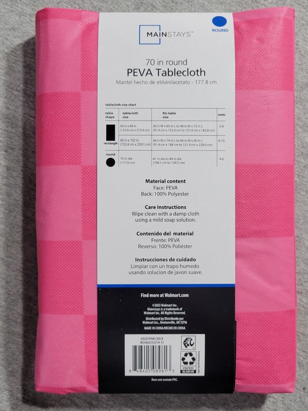 Mainstays Solid Pink Checkerboard Peva Vinyl Tablecloth Round 70" Diameter gallery