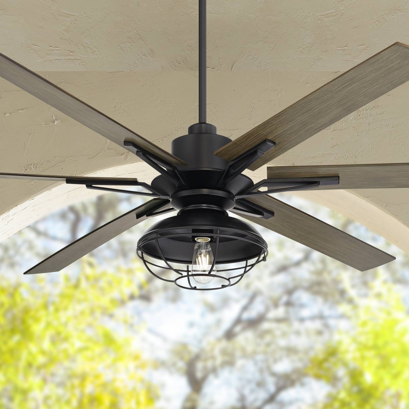60" Industrial Outdoor Ceiling Fan with LED Light Remote Matte Black Living Room gallery