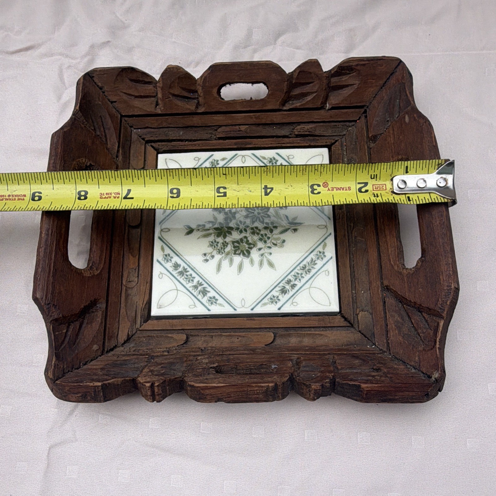 Rustic Stained Wood Square Serving Tray w/ Handles & Floral Ceramic Tile 10in gallery