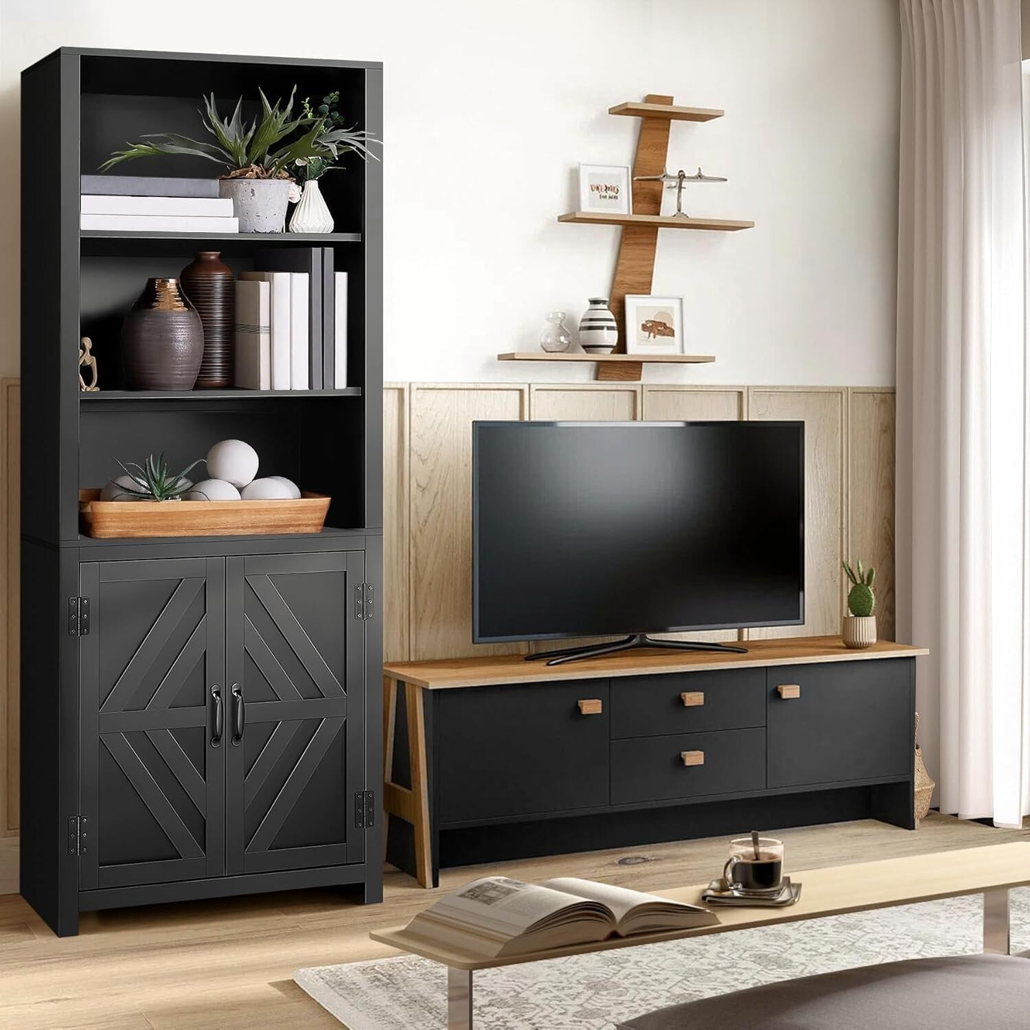 71" Farmhouse Bookshelf with Cabinet Doors Bookcase Adjustable for Home Office gallery