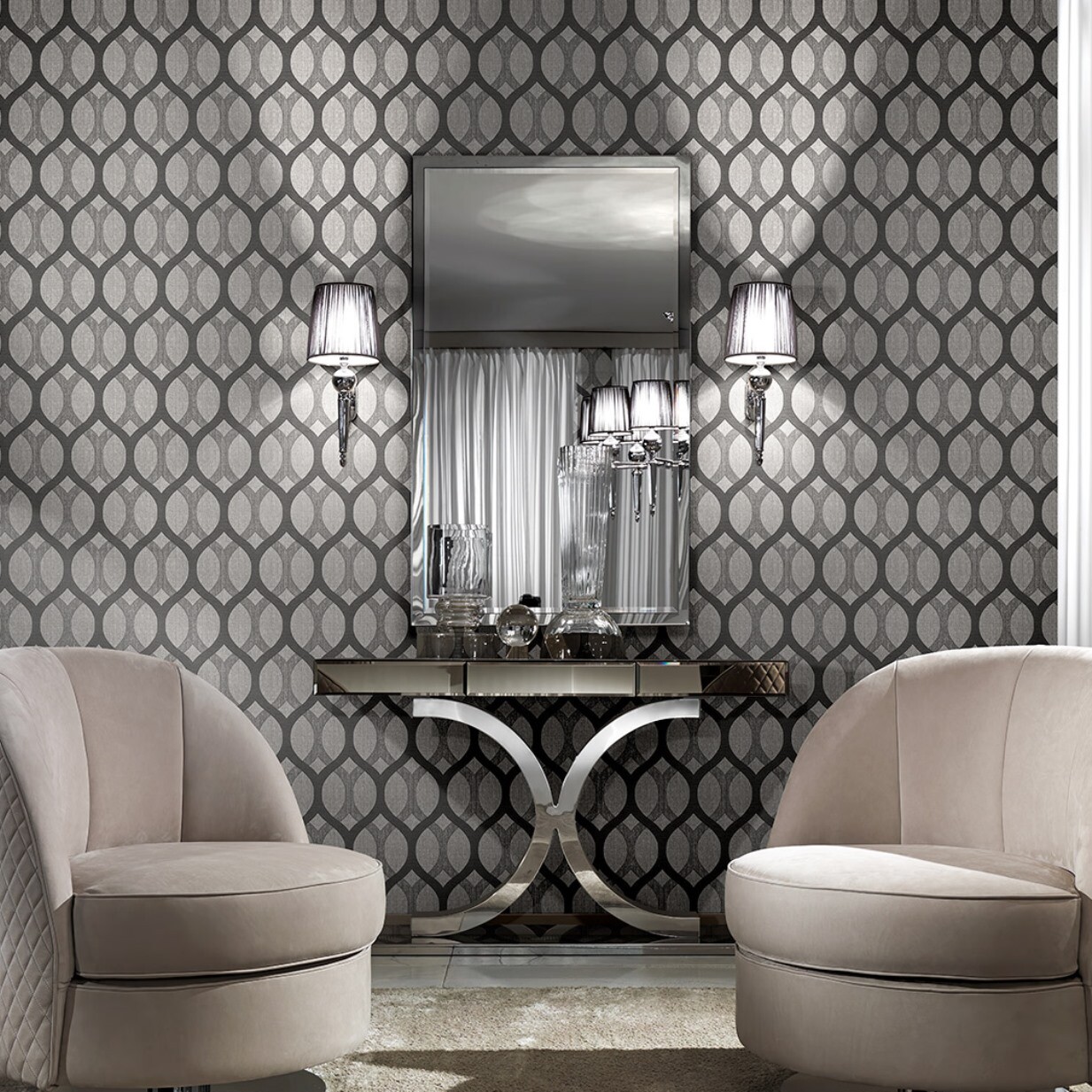 Ogee Black gray silver metallic diamonds textured lines Geometric Wallpaper 3D gallery