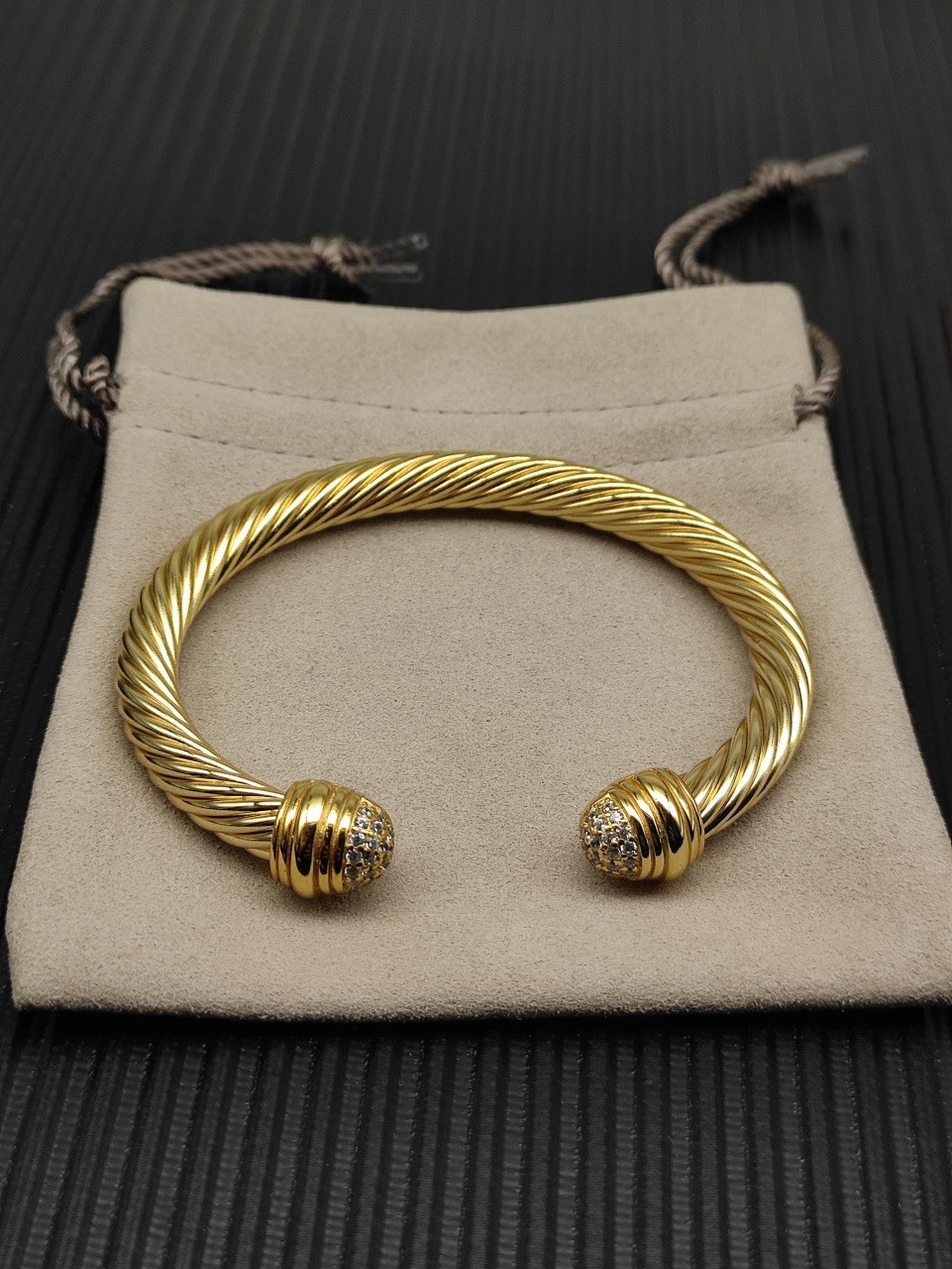 David Yurman 18k Yellow Gold Cable Cuff Bracelet w/ Round Pavé Diamonds gallery