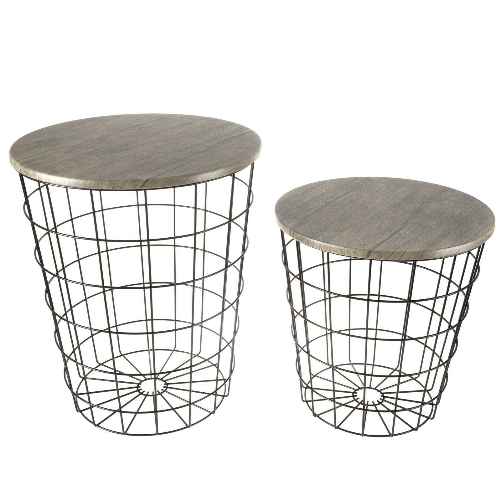 Nesting End Tables Metal Basket MDF Vaneer Top Storage Furniture Accent Decor gallery