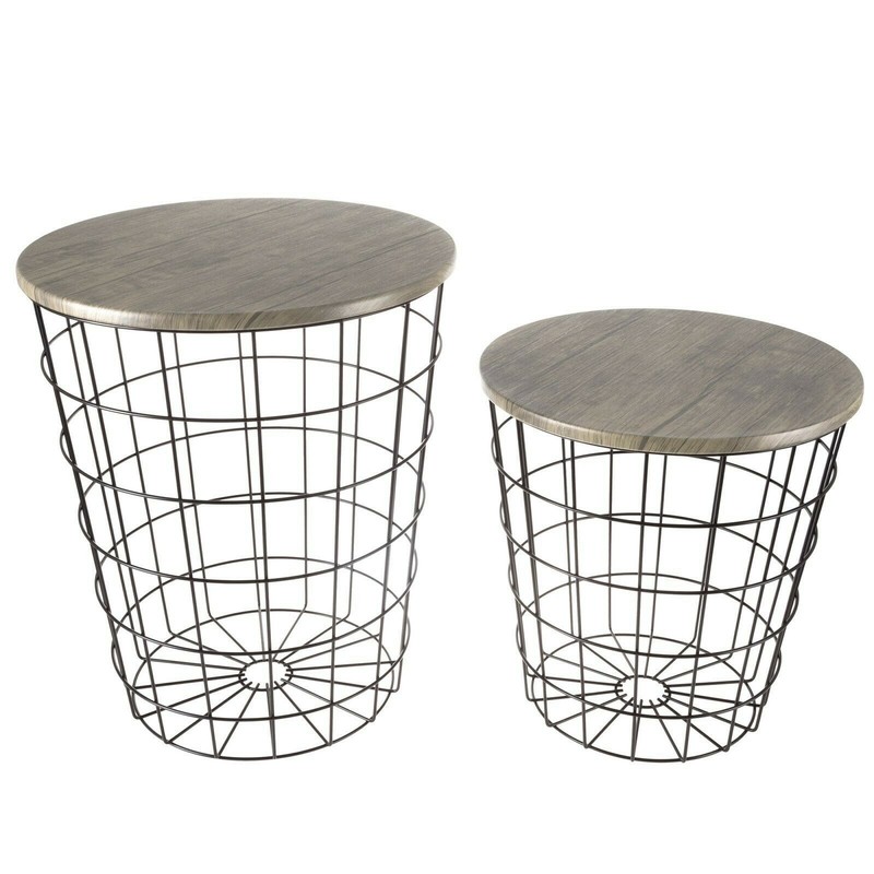 Nesting End Tables Metal Basket MDF Vaneer Top Storage Furniture Accent Decor gallery