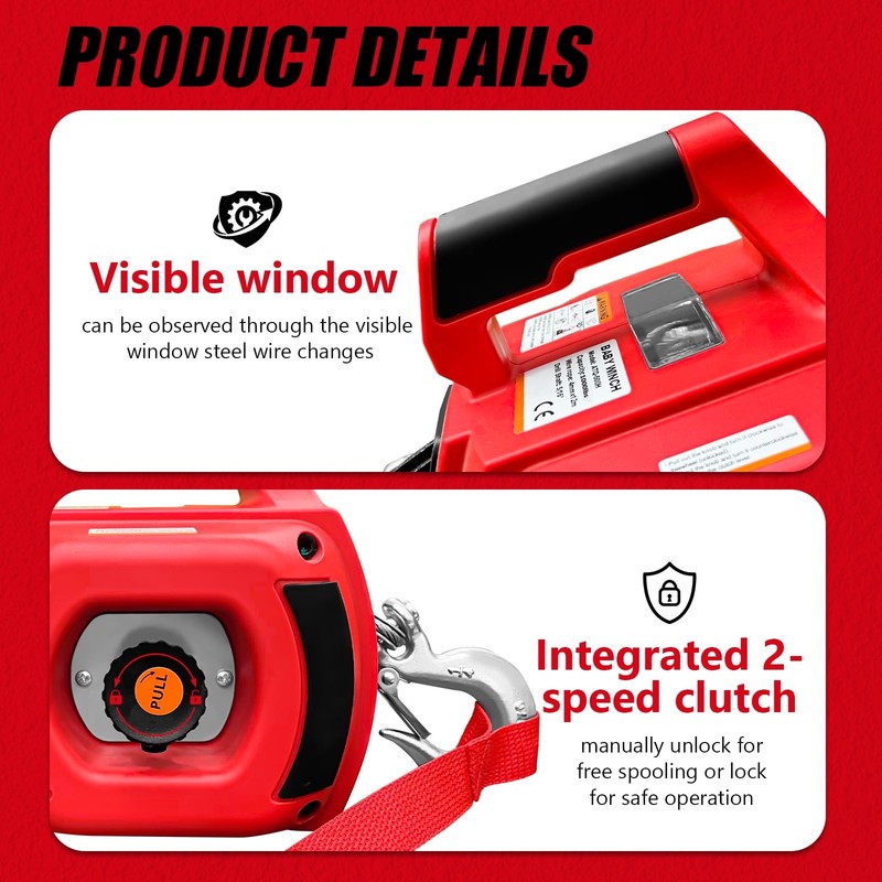 SENKEYFE Drill Powered Portable Winch 1000LBS, with 40FT Red gallery