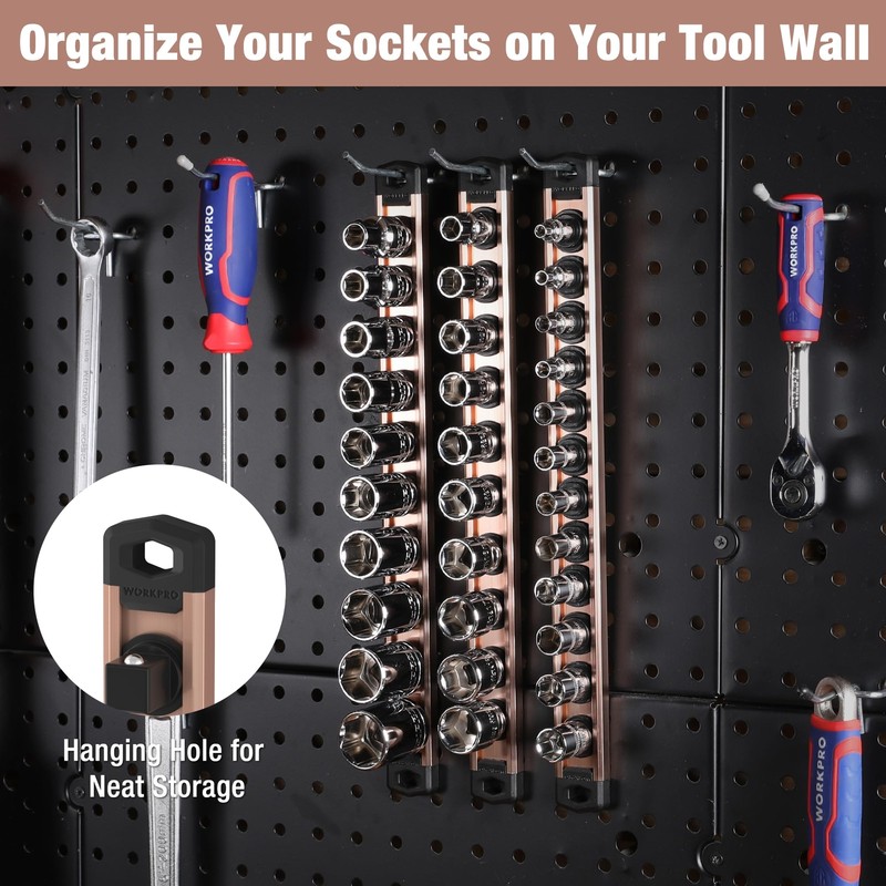 WORKPRO Magnetic Socket Organizer 1/4" Drive 12 Clips Aluminum Alloy Socket Rail gallery