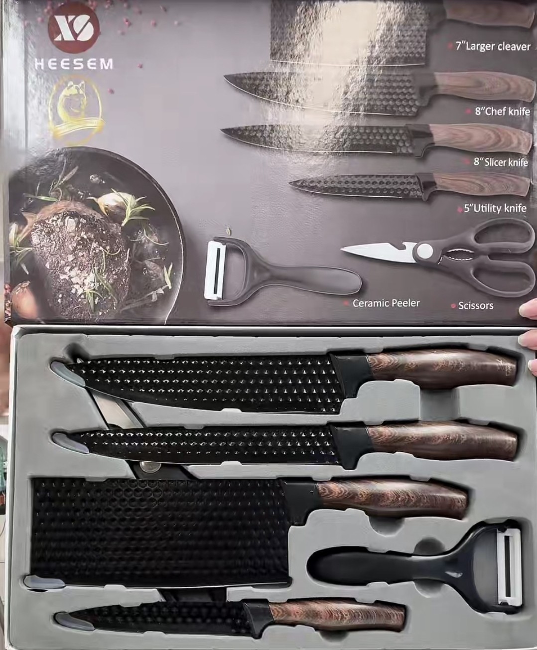 HEESEM Kitchen Knife Set 6pc Stainless Steel Wood Handle Cleaver Scissors gallery