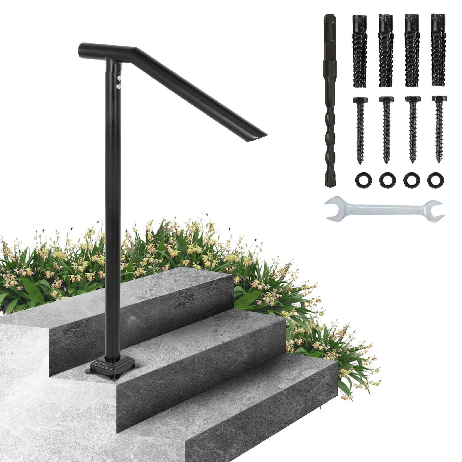 3Ft Step Railing, Iron Stair Handrail Floor Mounted Sturdy Black Arched Handrail gallery