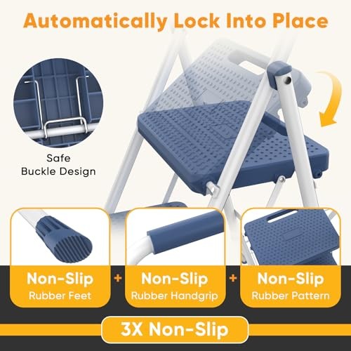 Step Ladder 3 Step, Folding Step Stool with Wide Anti-Slip 3-Step + 800LBS Blue gallery