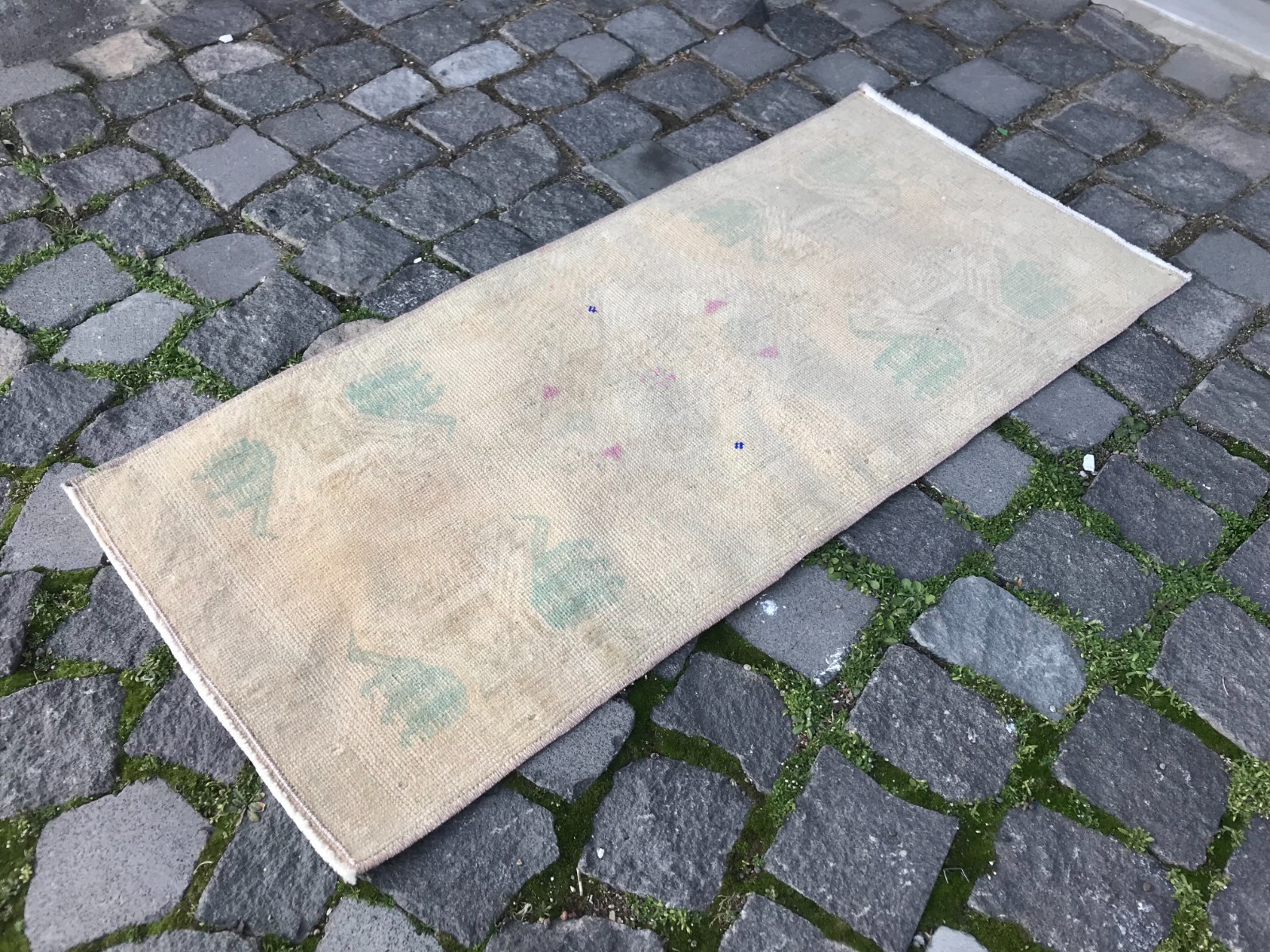 Turkish Vintage Small Rug Handmade Wool Bohemian Bath Mat Rug 1,4 x 3,0 ft gallery
