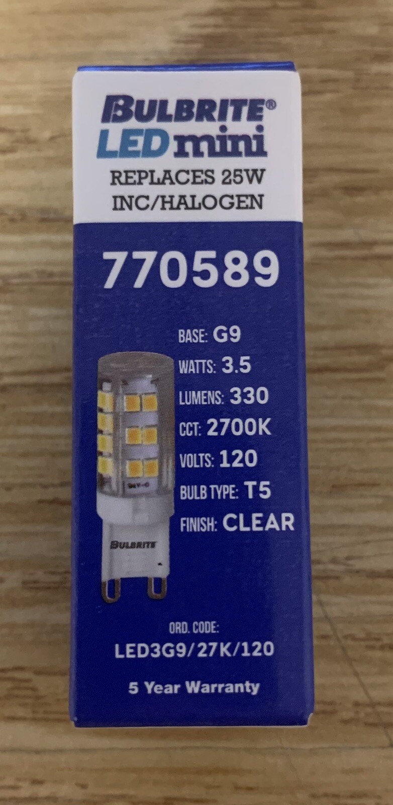 BULBRITE 770589 LED SPECIALTY MINI BULB 3.5W=25W 120V T4 2-Pin G9 BASE CLEAR 27K gallery