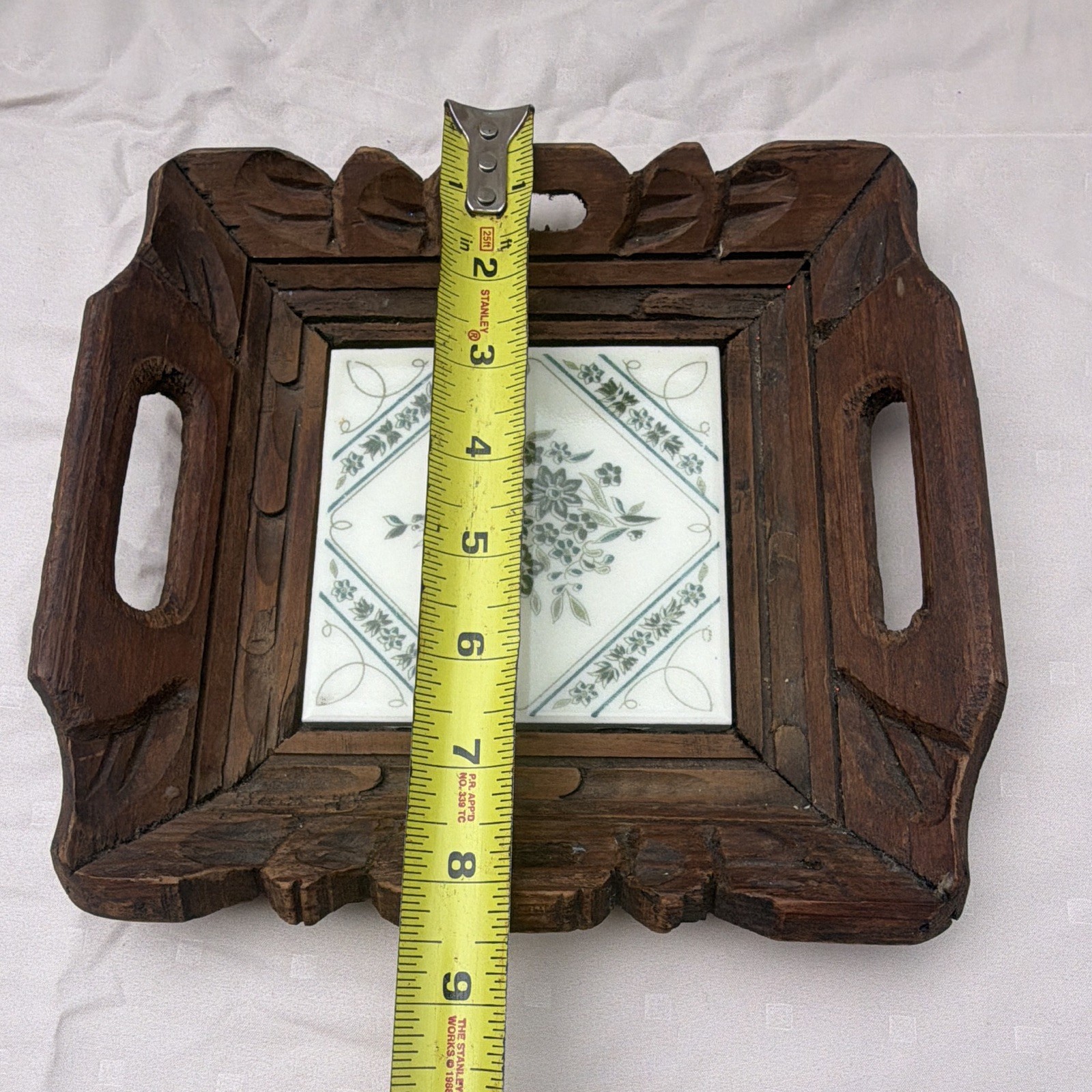 Rustic Stained Wood Square Serving Tray w/ Handles & Floral Ceramic Tile 10in gallery