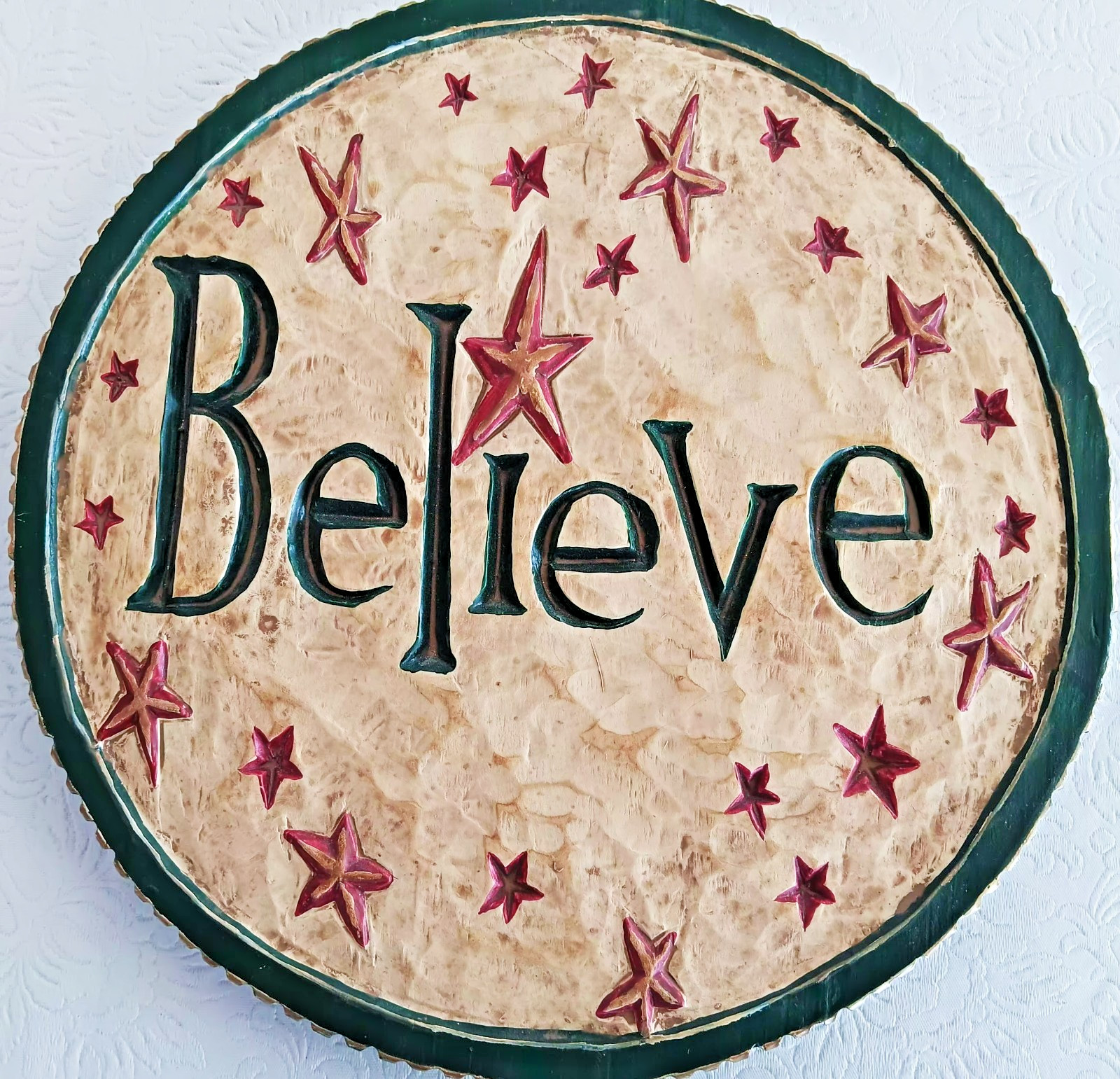 NEW BELIEVE Hanging Stone Look Porcelain Plaque Hanging Wall Art 9 1/2 Round gallery