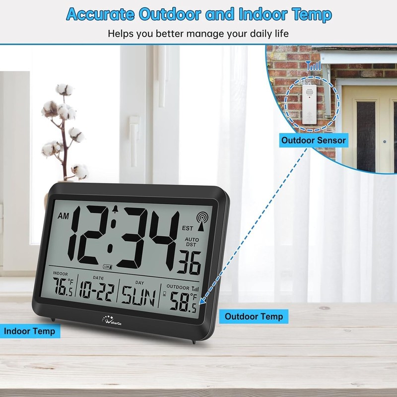 Atomic Clock with Indoor Outdoor Temperature, Self-Setting Digital Wall Clock gallery