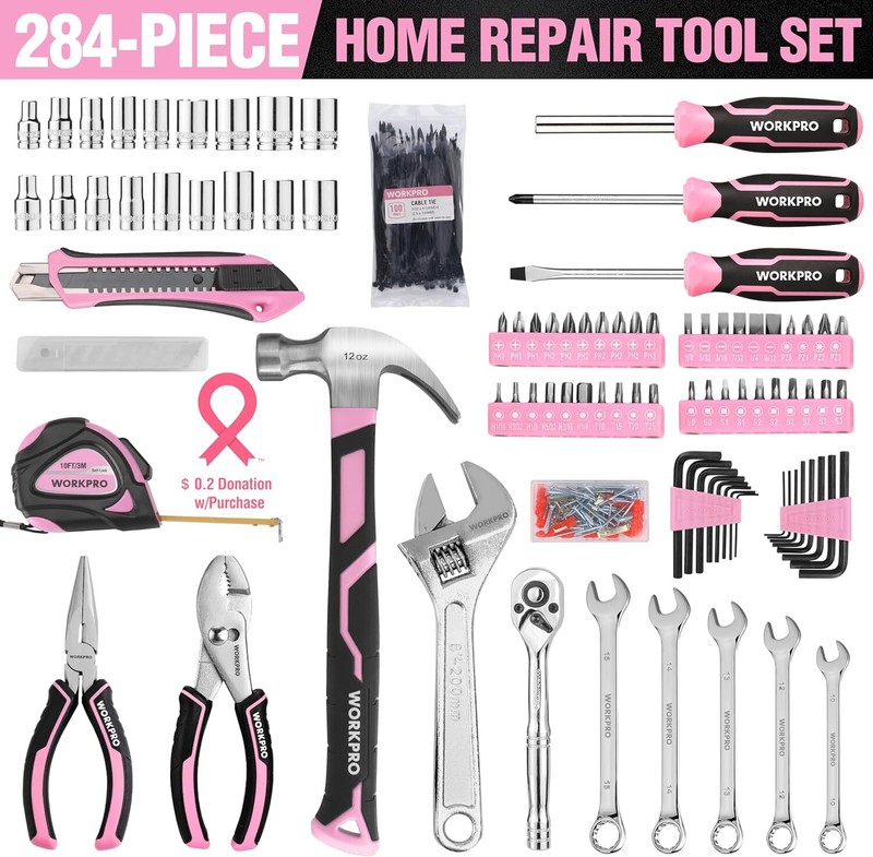 WORKPRO Pink Tool Set 84 PCS Tool Kit for Women Basic Household Pink Tool Box US gallery