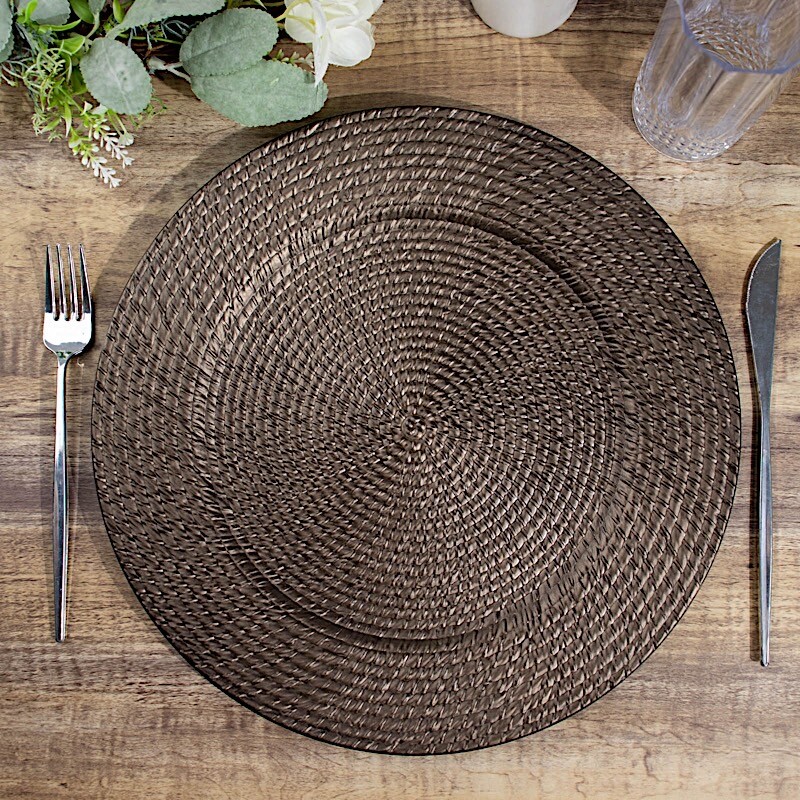 6 Brown 13 in Round Rattan-Like Plastic CHARGER PLATES Party Events Decorations gallery