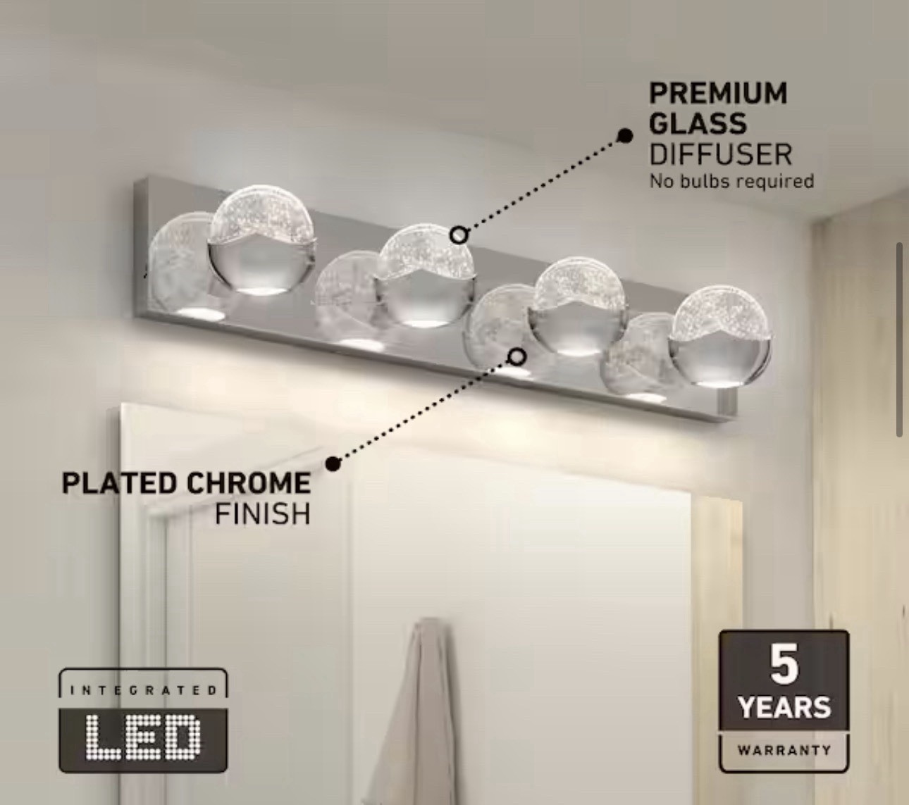 Artika Oracle 27 in. 4-Light CCT LED Chrome Bathroom Vanity Light w/Bubble Glass gallery