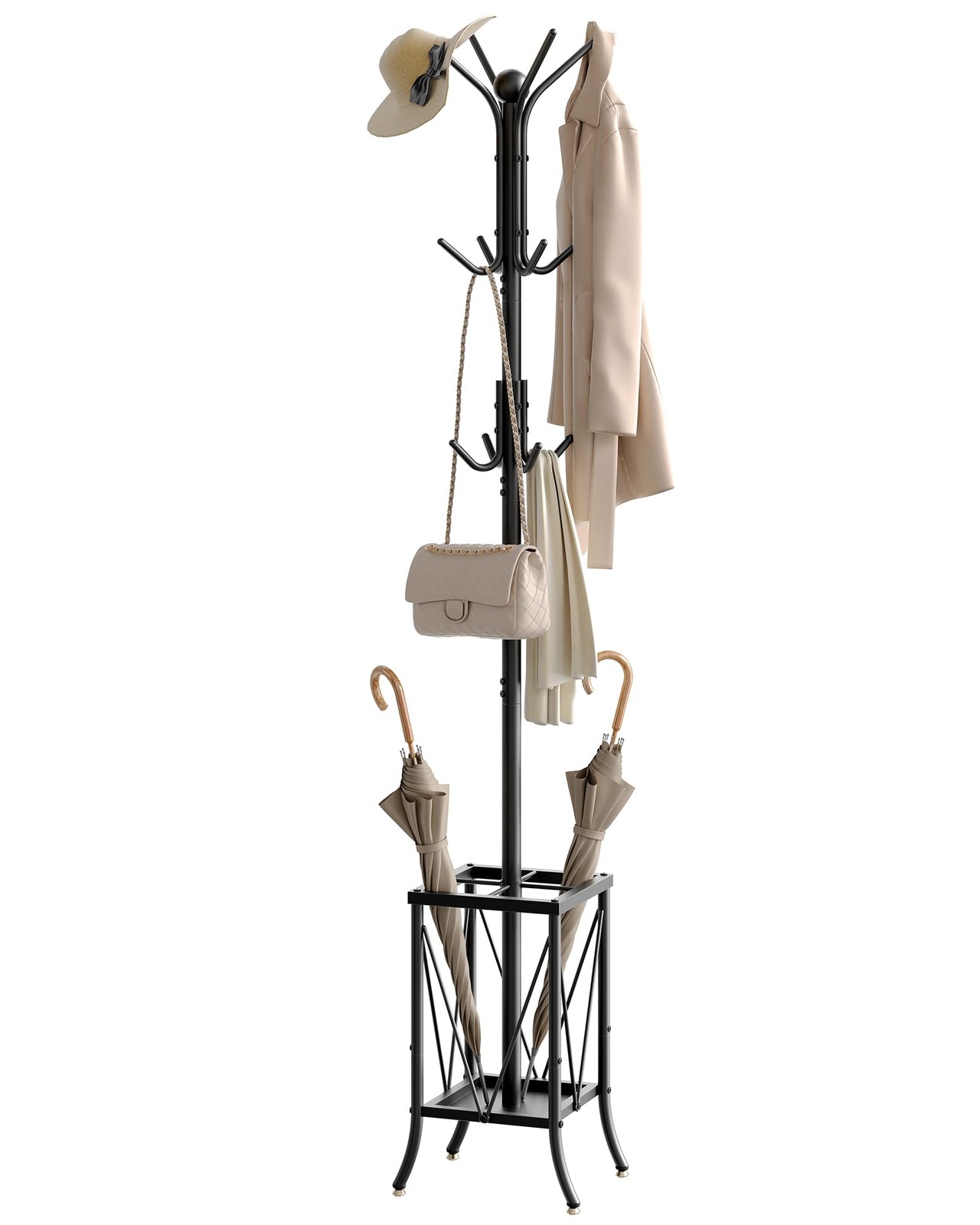 Freestanding Coat Rack with Umbrella Holder, 12 Hooks for Entryway, Hallway gallery