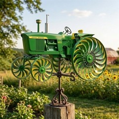 Rotating Tractor Windmill Stake, Green Metal Garden Spinner Unique Yard Ornament
