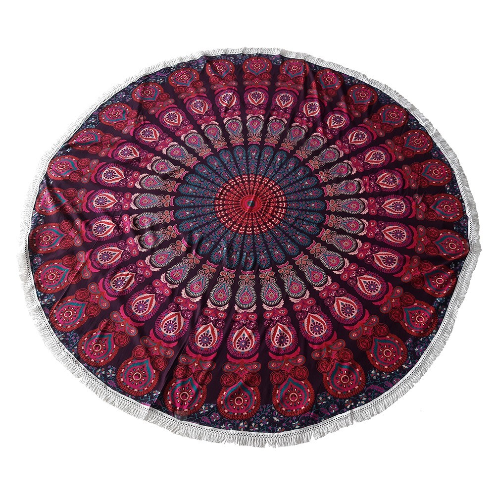 Round Size Pigment Printed Purple & Pink Peacock Mandala Tapestry Wall Hanging gallery