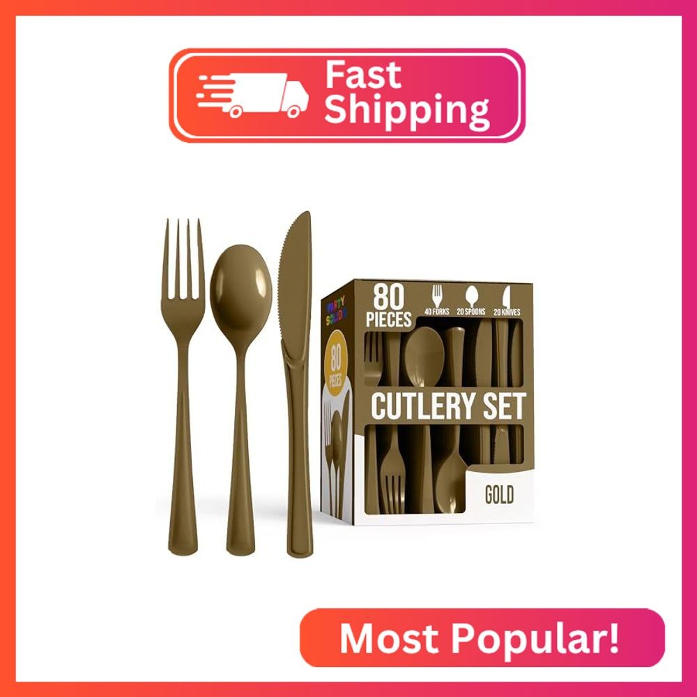 Party Solids Gold Plastic Silverware Heavy Duty 80 Pcs Gold Plastic Cutlery Set gallery