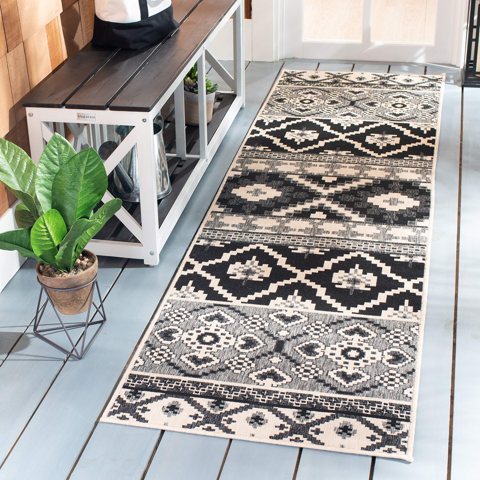 Washable Rug Outdoor Veranda Collection - 2'7' x 5', Black & Beige, Non-Shedd... gallery