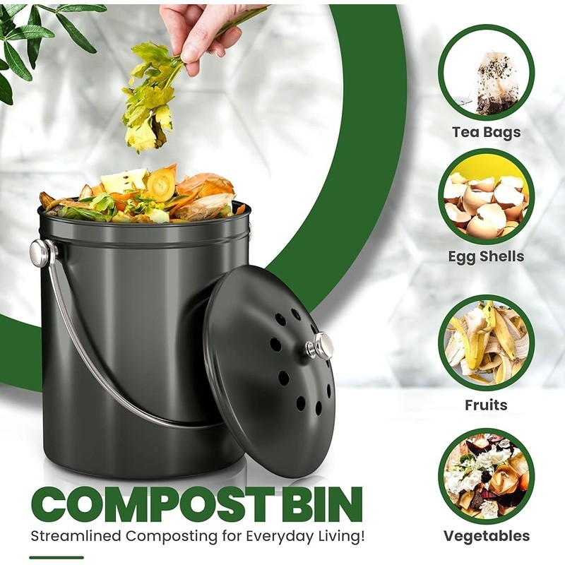 Stainless Steel Compost Bin Kitchen Countertop Odorless Easy Clean Durable New gallery