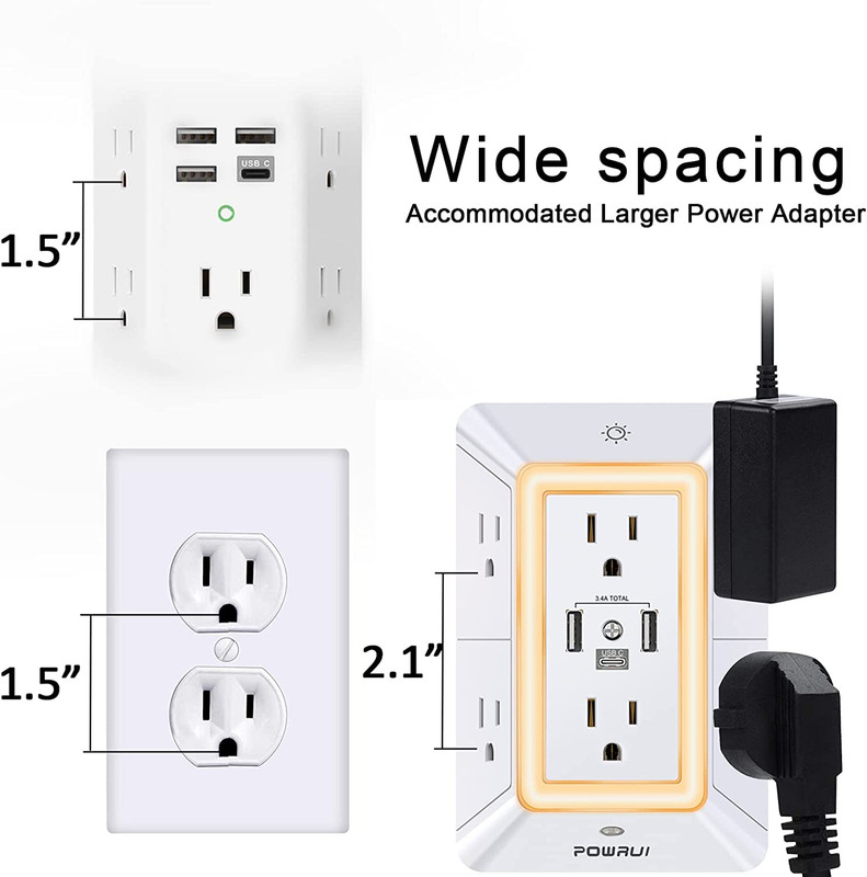 Multi Plug 6 Outlet Surge Protector Extender with 3 USB Ports (1 USB C) and Nigh gallery