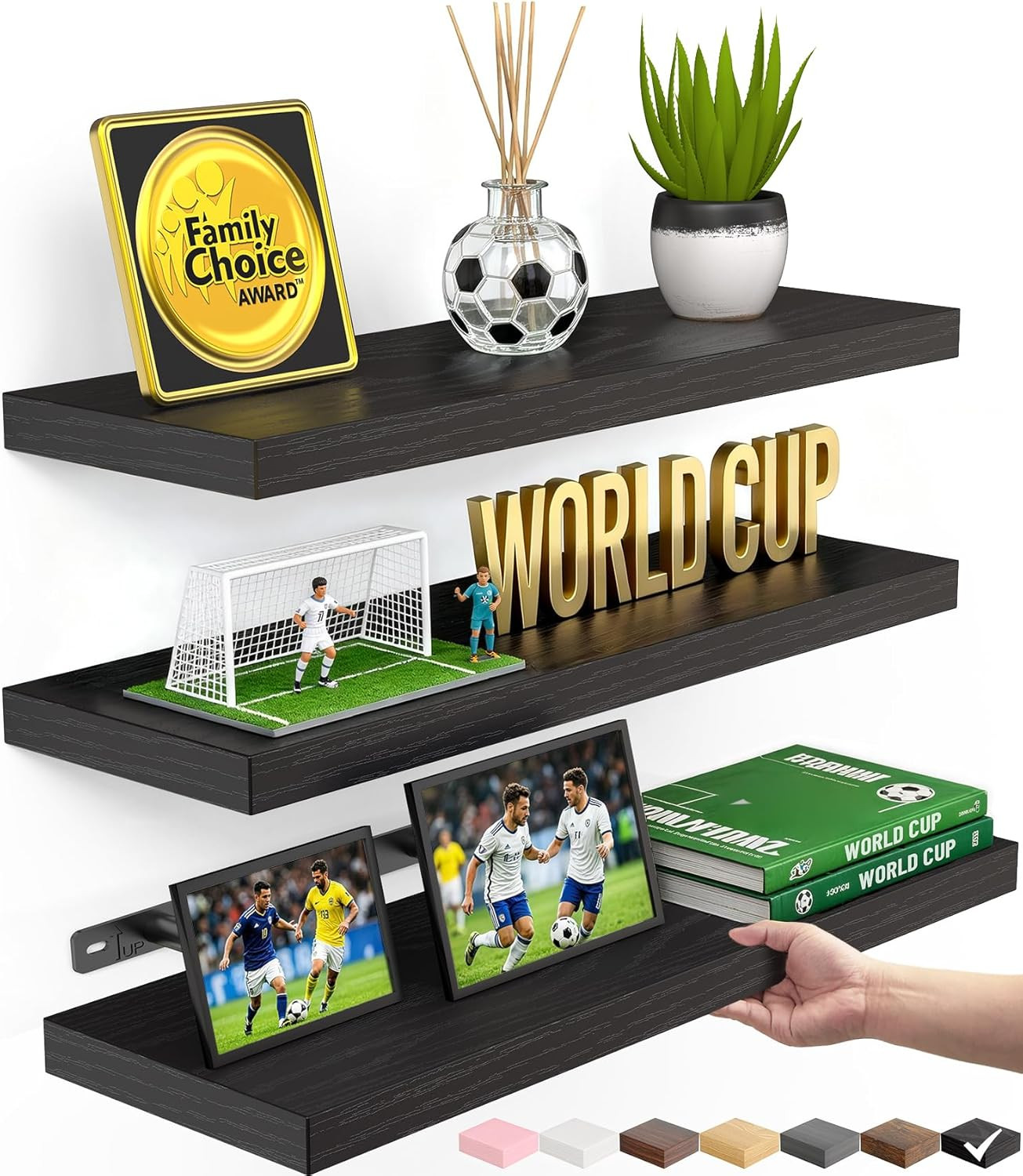 Floating Wall Shelves Rustic Wood Storage Display Set of 3 Black 16 Inch Decor R gallery