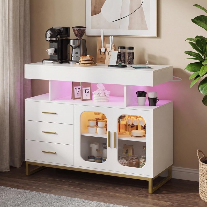 LED Buffet Cabinet Dimmable Sideboard Coffee Bar W/ Charging Station & RGB Light gallery