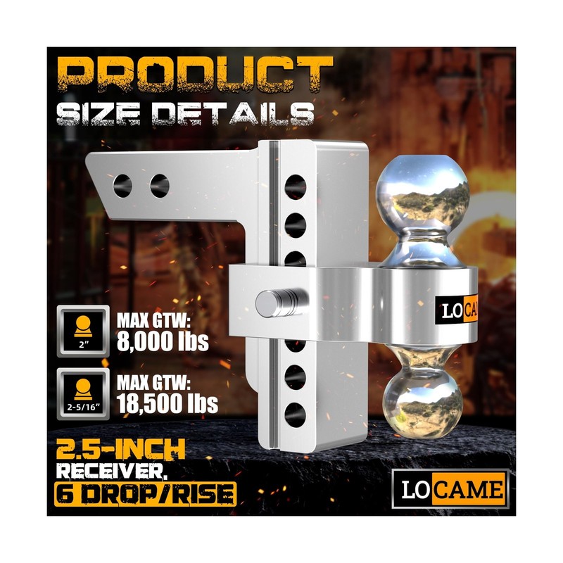 LOCAME Adjustable Trailer Hitch, Fits 2.5-Inch Receiver, 6-Inch Drop/Rise Alu... gallery