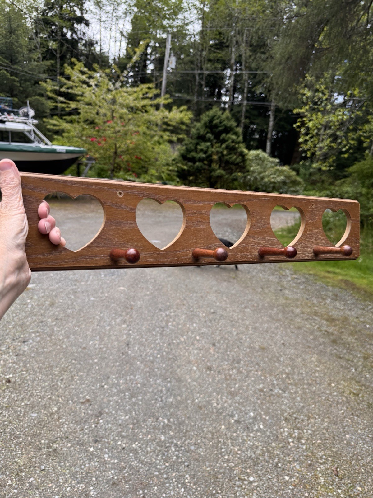 Wood Wall Mounted Coat Rack Panel w/ Heart Cutouts, 5 Peg Hooks, 23 in gallery