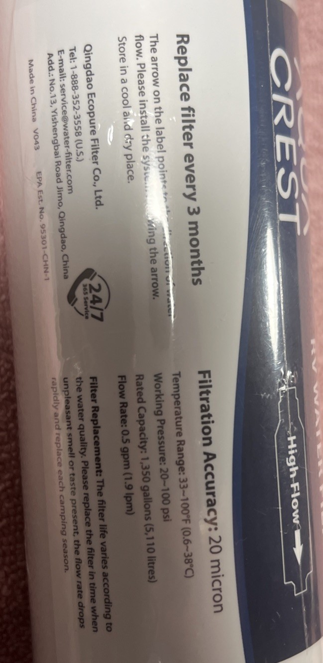 Aqua Crest RV Inline Water Filter 20 Micron 3 Month High Flow Filter gallery