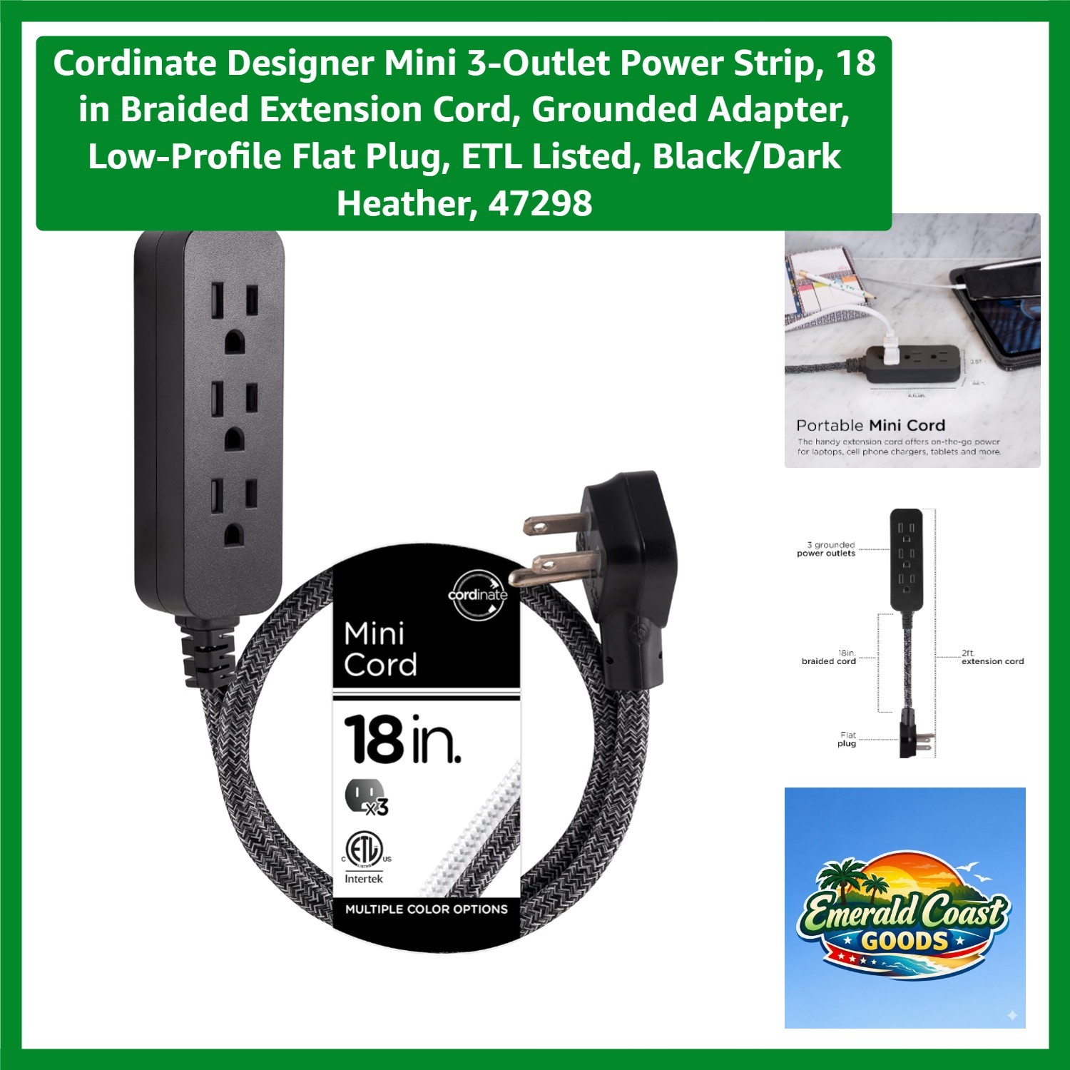 18in Stylish 3-Outlet Mini Power Strip with Low-Profile Plug, Black Design gallery