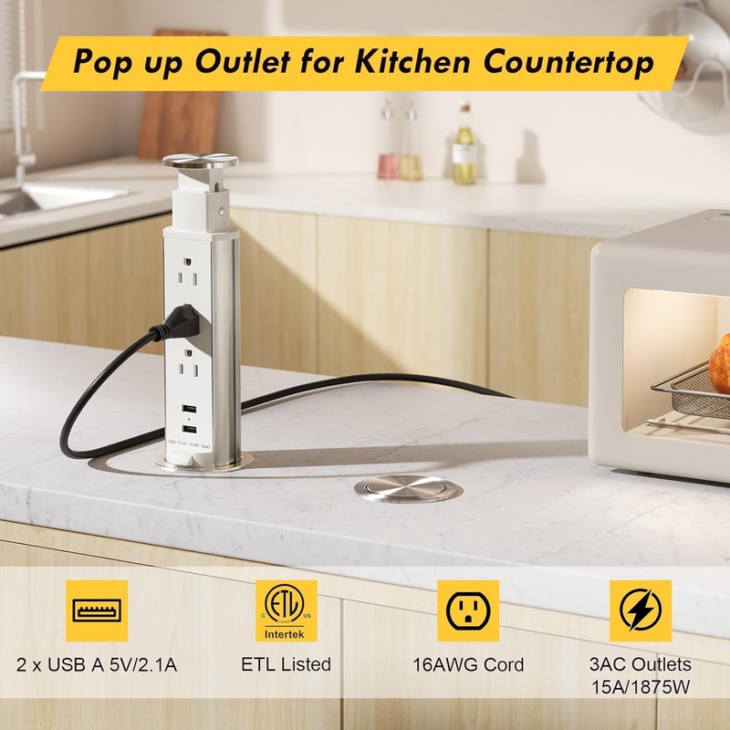 Pull-Up Power Socket – 3 AC Outlets, 2 USB Ports for Kitchen, Office, Desk gallery
