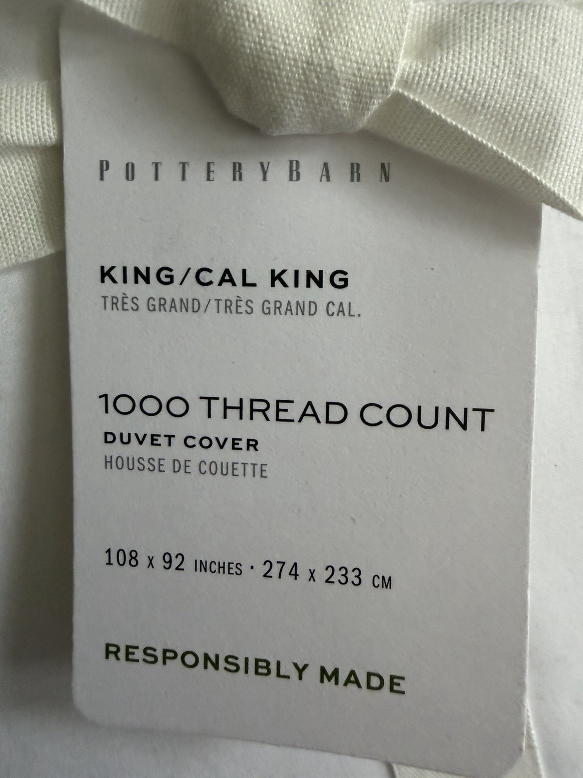 Pottery Barn 1000-Thread-Count Cal KG Duvet Cover. White. New With Tags gallery