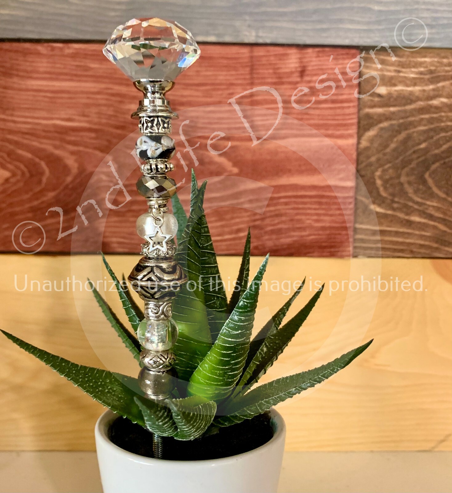Classy Potted Plant Stake Succulent Spike Beaded Fairy Wand Silver/Gold/Bronze gallery