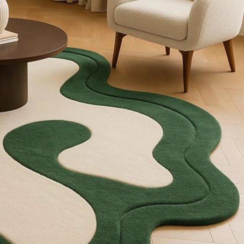 Luxury Hand Tufted Irregular Shape Wool Rug – Green & Cream Modern Abstract Carp gallery